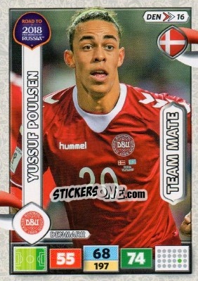 Sticker Yussuf Poulsen - Road to 2018 FIFA World Cup Russia. Adrenalyn XL n. DEN16 - Panini