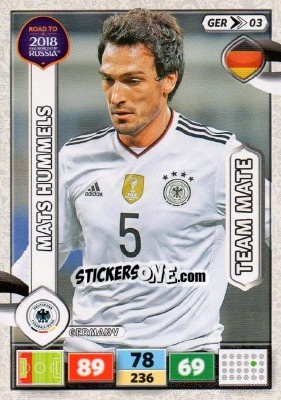 Sticker Mats Hummels - Road to 2018 FIFA World Cup Russia. Adrenalyn XL n. GER03 - Panini