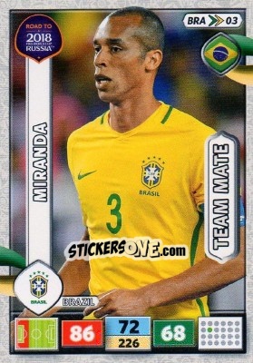 Sticker Miranda - Road to 2018 FIFA World Cup Russia. Adrenalyn XL n. BRA03 - Panini