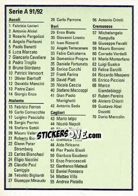 Sticker Checklist 1 - Shooting Stars Calcio 1991-1992 - Merlin