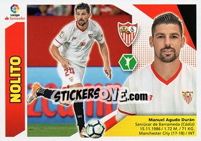 Sticker 28 Nolito (Sevilla FC) - Liga Spagnola 2017-2018 n. 718 - Colecciones ESTE