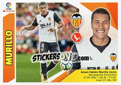 Sticker 51 Murillo (Valencia CF) - Liga Spagnola 2017-2018 n. 741 - Colecciones ESTE