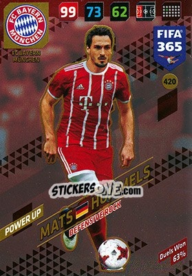 Sticker Mats Hummels - FIFA 365: 2017-2018. Adrenalyn XL n. 420 - Panini