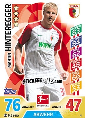 Sticker Martin Hinteregger - German Fussball Bundesliga 2017-2018. Match Attax - Topps