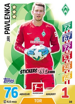 Sticker Jiri Pavlenka - German Fussball Bundesliga 2017-2018. Match Attax - Topps