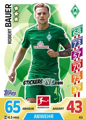 Sticker Robert Bauer - German Fussball Bundesliga 2017-2018. Match Attax - Topps