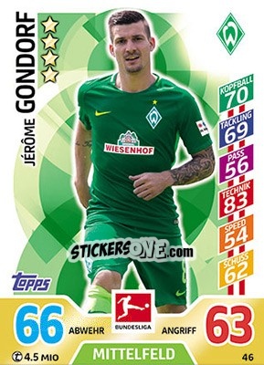 Sticker Jérôme Gondorf - German Fussball Bundesliga 2017-2018. Match Attax - Topps