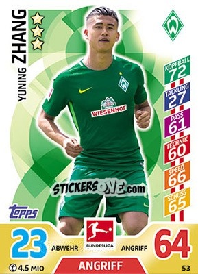 Sticker Yuning Zhang - German Fussball Bundesliga 2017-2018. Match Attax - Topps
