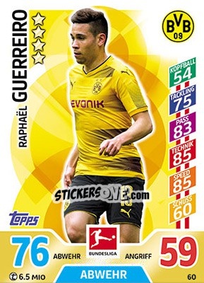 Sticker Raphaël Guerreiro - German Fussball Bundesliga 2017-2018. Match Attax - Topps