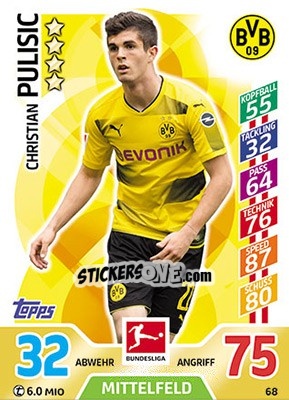 Sticker Christian Pulisic - German Fussball Bundesliga 2017-2018. Match Attax - Topps