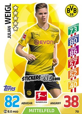 Sticker Julian Weigl - German Fussball Bundesliga 2017-2018. Match Attax - Topps