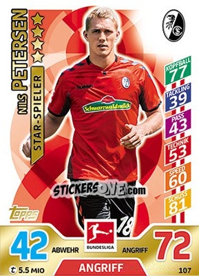 Sticker Nils Petersen - German Fussball Bundesliga 2017-2018. Match Attax - Topps