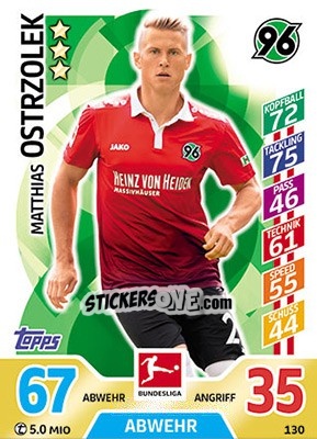Sticker Matthias Ostrzolek - German Fussball Bundesliga 2017-2018. Match Attax - Topps