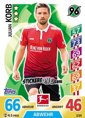 Sticker Julian Korb - German Fussball Bundesliga 2017-2018. Match Attax - Topps