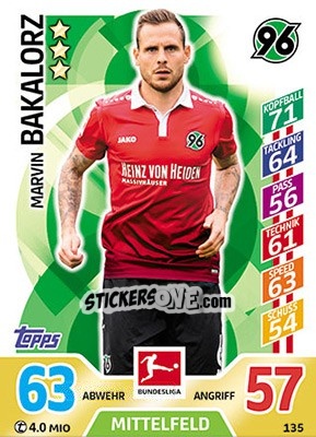 Sticker Marvin Bakalorz - German Fussball Bundesliga 2017-2018. Match Attax - Topps