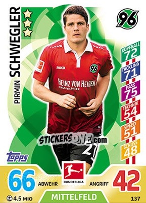 Sticker Pirmin Schwegler - German Fussball Bundesliga 2017-2018. Match Attax - Topps