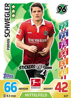 Figurina Pirmin Schwegler - German Fussball Bundesliga 2017-2018. Match Attax - Topps