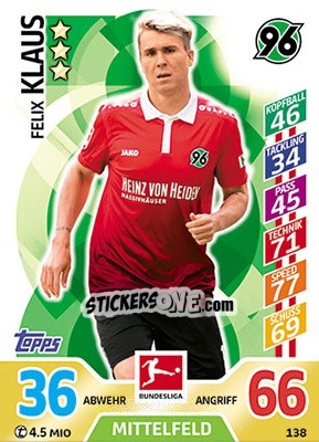 Sticker Felix Klaus - German Fussball Bundesliga 2017-2018. Match Attax - Topps
