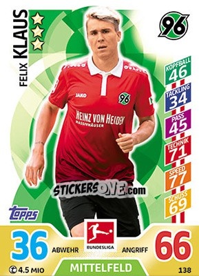 Cromo Felix Klaus - German Fussball Bundesliga 2017-2018. Match Attax - Topps