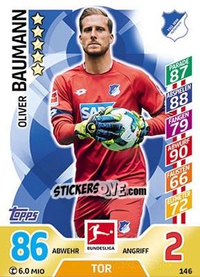 Sticker Oliver Baumann - German Fussball Bundesliga 2017-2018. Match Attax - Topps
