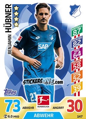 Sticker Benjamin Hübner - German Fussball Bundesliga 2017-2018. Match Attax - Topps