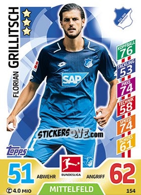Sticker Florian Grillitsch - German Fussball Bundesliga 2017-2018. Match Attax - Topps
