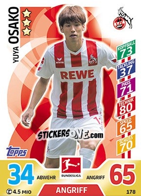 Sticker Yuya Osako - German Fussball Bundesliga 2017-2018. Match Attax n. 178 - Topps