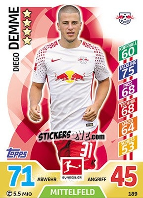 Sticker Diego Demme - German Fussball Bundesliga 2017-2018. Match Attax - Topps