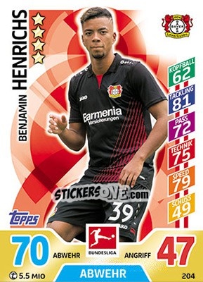 Sticker Benjamin Henrichs - German Fussball Bundesliga 2017-2018. Match Attax - Topps