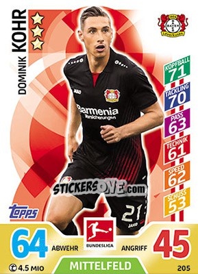 Sticker Dominik Kohr - German Fussball Bundesliga 2017-2018. Match Attax - Topps