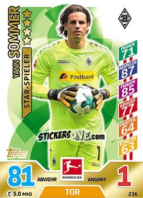 Sticker Yann Sommer - German Fussball Bundesliga 2017-2018. Match Attax - Topps