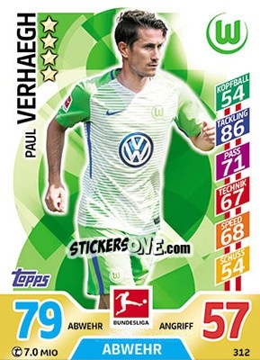 Sticker Paul Verhaegh - German Fussball Bundesliga 2017-2018. Match Attax - Topps