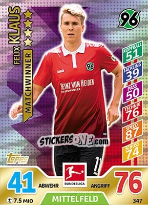 Sticker Felix Klaus - German Fussball Bundesliga 2017-2018. Match Attax - Topps