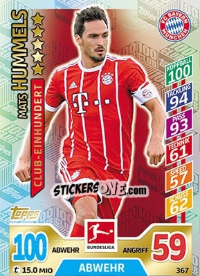 Sticker Mats Hummels - German Fussball Bundesliga 2017-2018. Match Attax - Topps