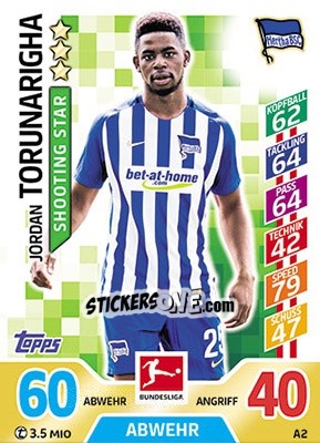 Sticker Jordan Torunarigha - German Fussball Bundesliga 2017-2018. Match Attax - Topps