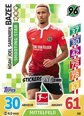 Sticker Noah Joel Sarenren Bazee - German Fussball Bundesliga 2017-2018. Match Attax - Topps