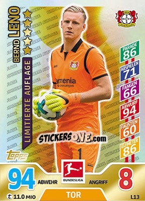 Figurina Bernd Leno - German Fussball Bundesliga 2017-2018. Match Attax - Topps