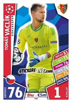 Sticker Tomáš Vaclík - UEFA Champions League 2017-2018. Match Attax n. 308 - Topps