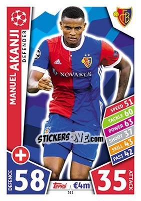 Sticker Manuel Akanji - UEFA Champions League 2017-2018. Match Attax n. 311 - Topps
