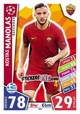 Sticker Kostas Manolas - UEFA Champions League 2017-2018. Match Attax n. 386 - Topps