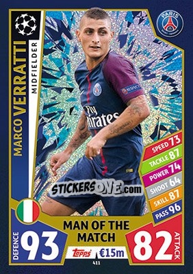 Sticker Marco Verratti - UEFA Champions League 2017-2018. Match Attax n. 411 - Topps