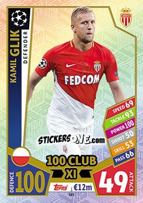Sticker Kamil Glik - UEFA Champions League 2017-2018. Match Attax n. 423 - Topps