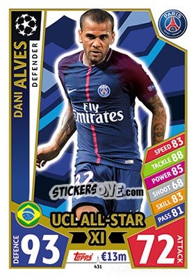 Sticker Dani Alves - UEFA Champions League 2017-2018. Match Attax n. 431 - Topps