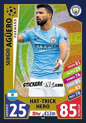 Sticker Sergio Agüero - UEFA Champions League 2017-2018. Match Attax n. 445 - Topps