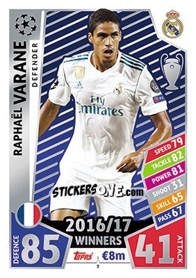 Sticker Raphaël Varane - UEFA Champions League 2017-2018. Match Attax n. 7 - Topps