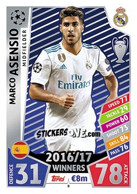 Sticker Marco Asensio - UEFA Champions League 2017-2018. Match Attax n. 8 - Topps