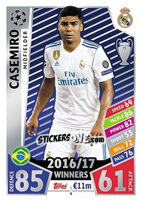 Sticker Casemiro - UEFA Champions League 2017-2018. Match Attax n. 9 - Topps
