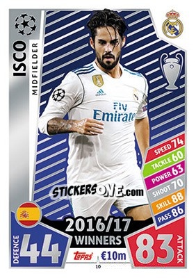 Sticker Isco - UEFA Champions League 2017-2018. Match Attax n. 10 - Topps