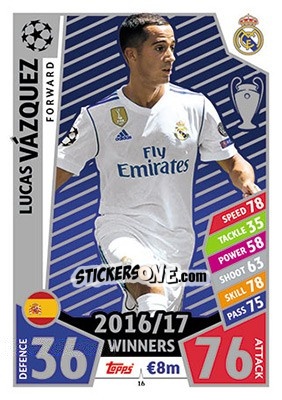 Sticker Lucas Vázquez - UEFA Champions League 2017-2018. Match Attax n. 16 - Topps