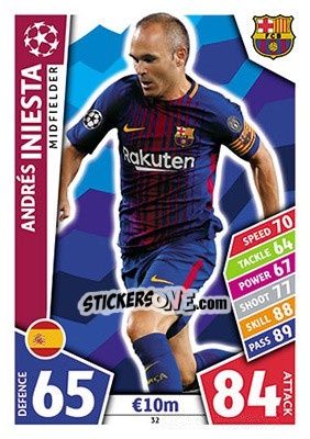 Sticker Andrés Iniesta - UEFA Champions League 2017-2018. Match Attax n. 32 - Topps